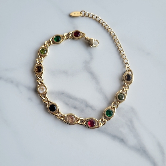 18K Gold Plated Bracelet with Colorful Gem Stone Tarnish Free Jewelry - Picture 1 of 8